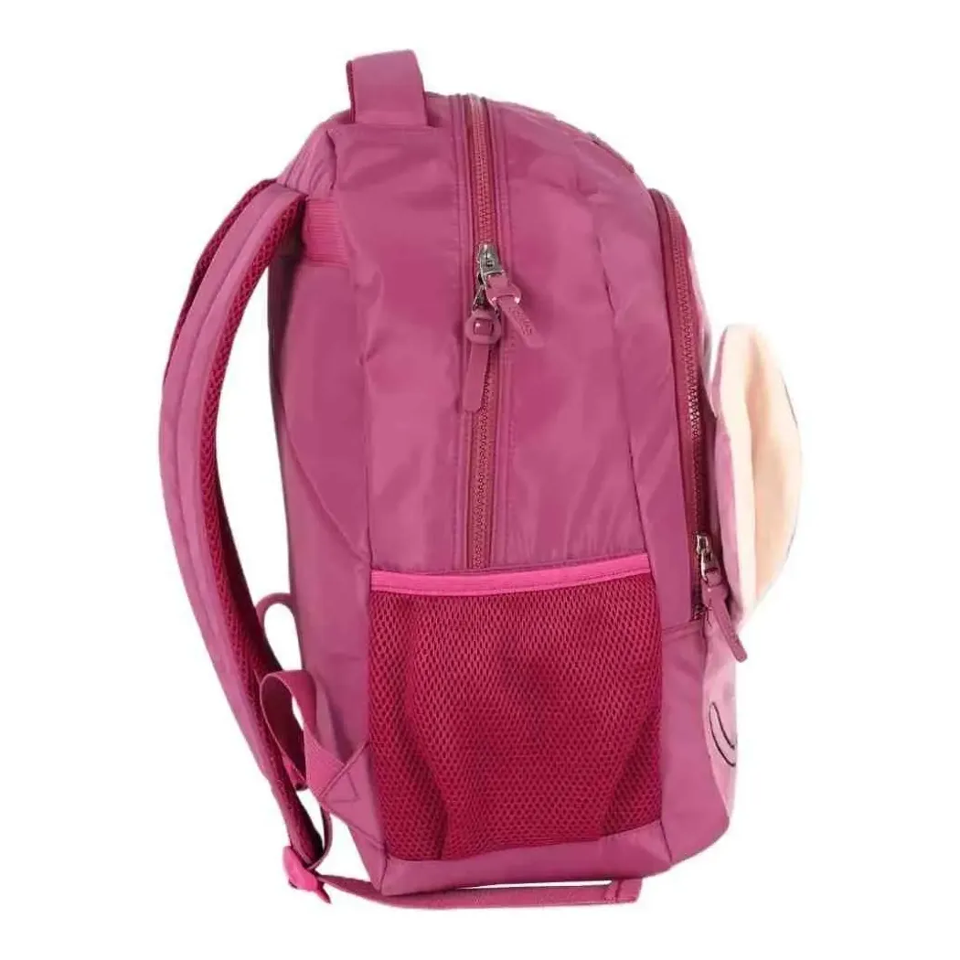 Vista lateral da mochila infantil Luxcel Stitch roxa com bolso em tela para garrafa
